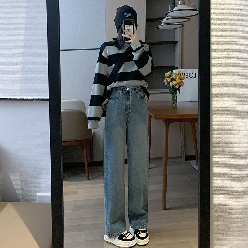 年新款寬鬆小個子闊腿高腰復古大碼胖mm褲子秋冬直筒牛仔褲女