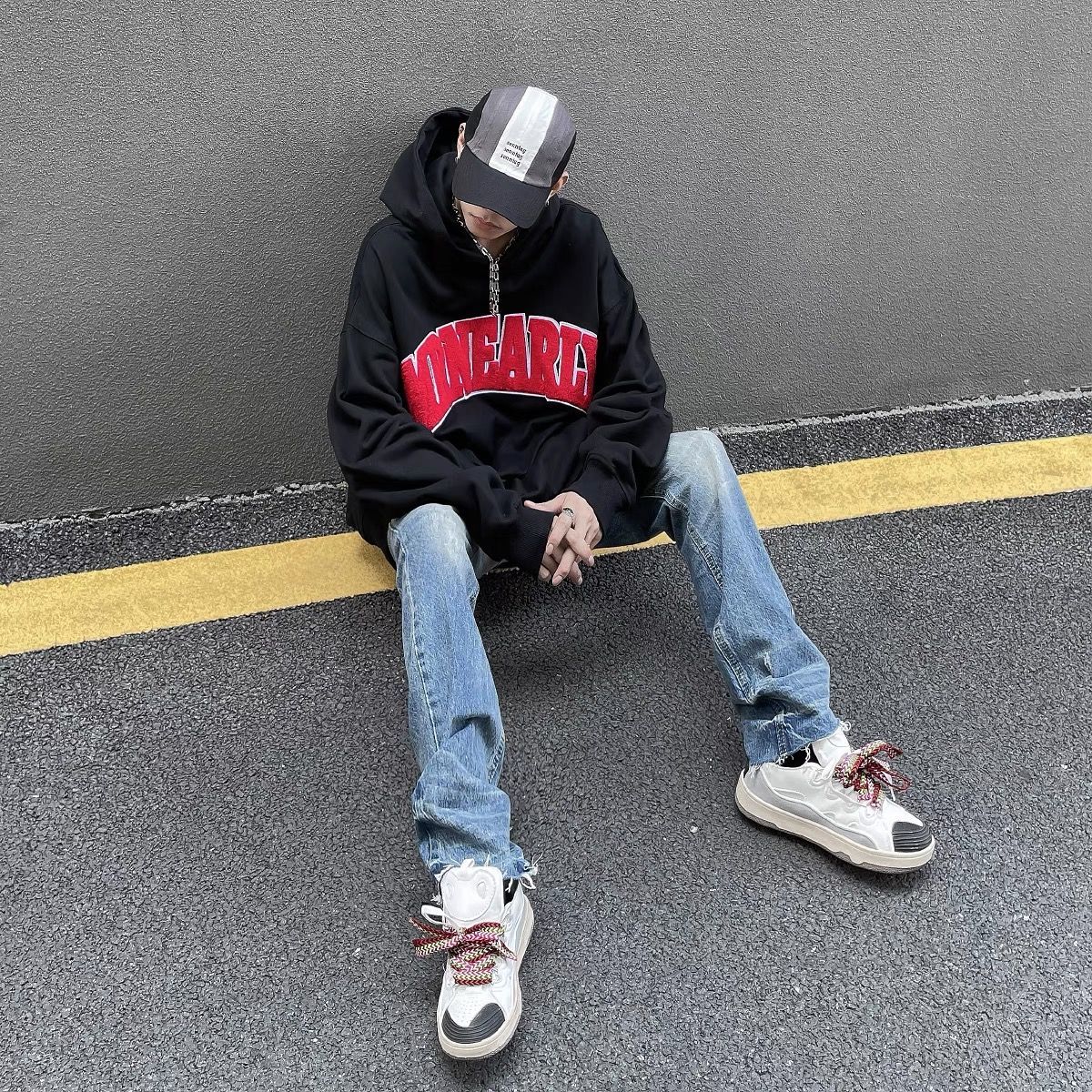 Autumn and winter new American trendy brand retro letters Klein blue plus velvet thickened hooded sweater men's all-match jacket