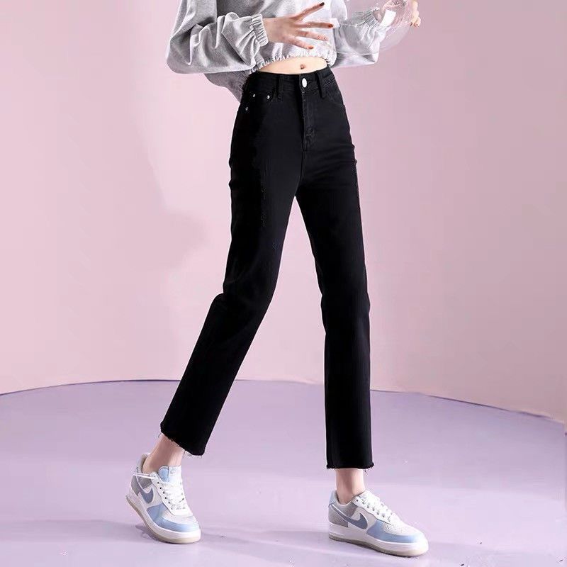  Summer New Thin Section High Waist Nine Points Eight Points Thin Women's Slit Jeans with Slightly Lace Slits