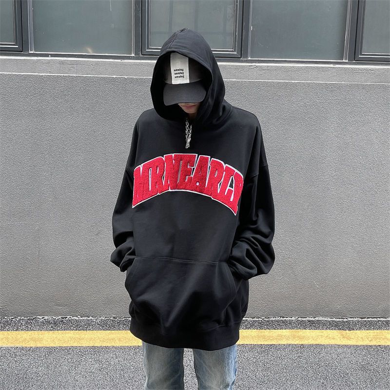 Autumn and winter new American trendy brand retro letters Klein blue plus velvet thickened hooded sweater men's all-match jacket