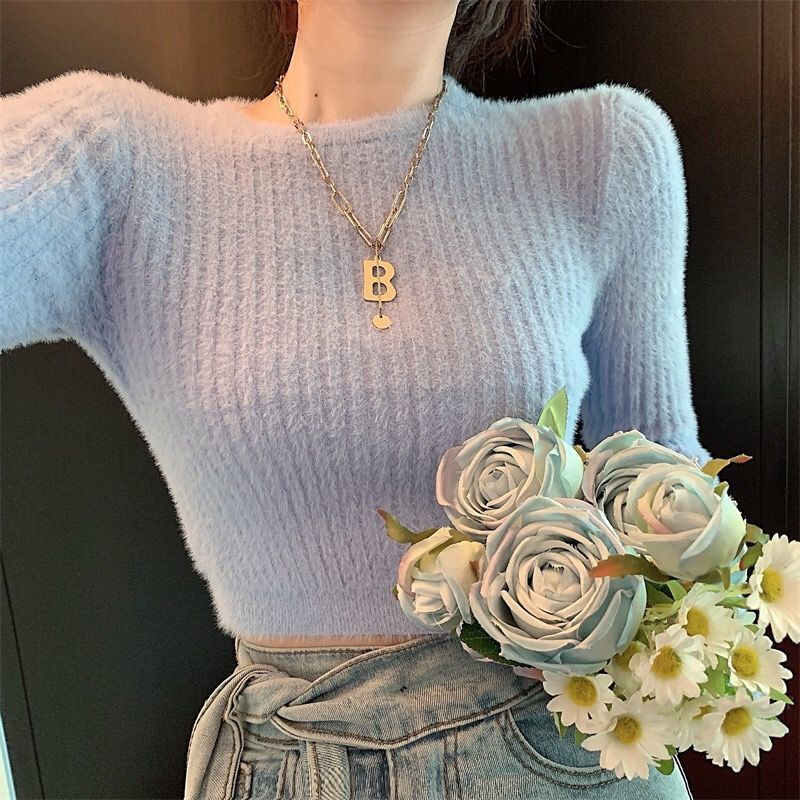 New Slim Tops for Women's Fall and Winter  Short High Waist Navel-Based Knitted Bottom Shirt with a Sweater Inside