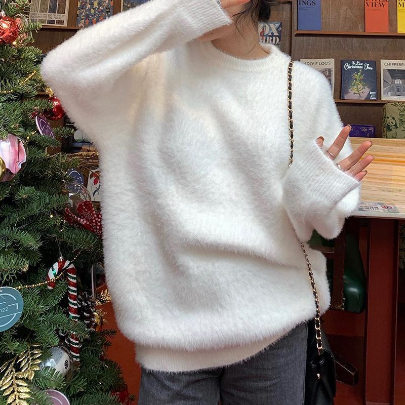 白色水貂绒毛衣女秋冬外穿圆领套头韩版宽松慵懒风马海毛针织衫厚