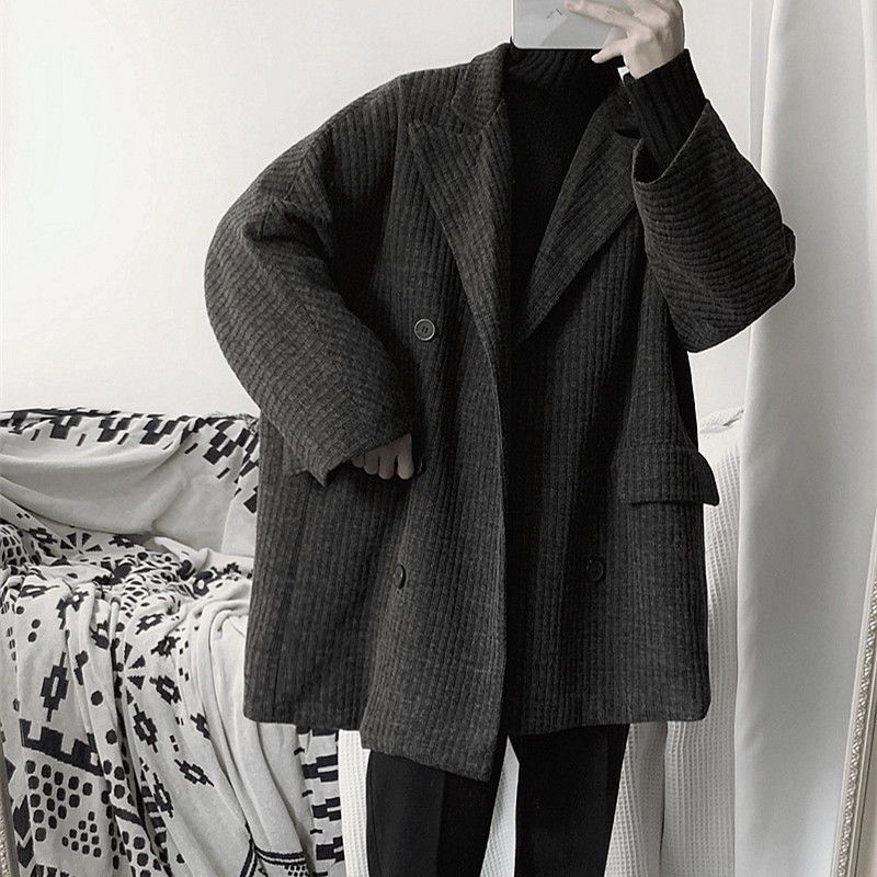 【三件套】灯芯绒外套男装冬季港风加厚呢子大衣复古潮流韩版风衣