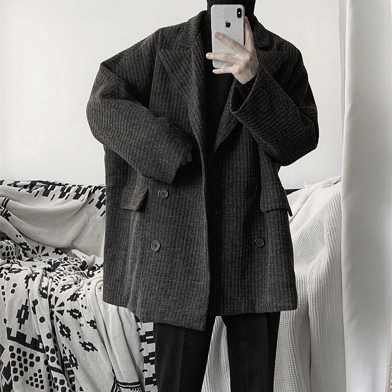 【三件套】灯芯绒外套男装冬季港风加厚呢子大衣复古潮流韩版风衣