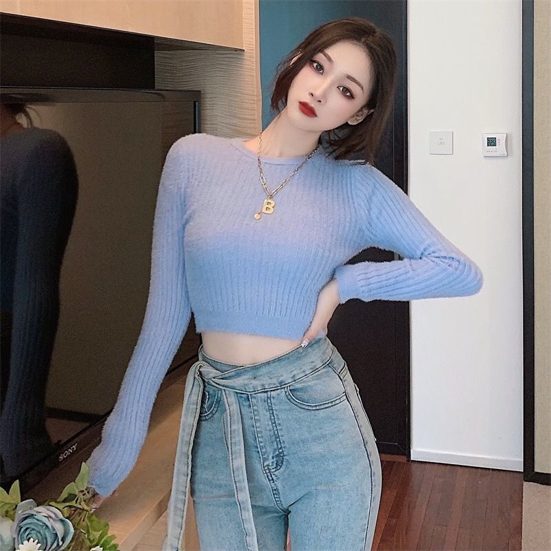  New Slim Tops for Women's Fall and Winter  Short High Waist Navel-Based Knitted Bottom Shirt with a Sweater Inside