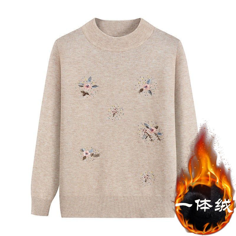 中年秋冬裝毛衣女媽媽保暖衣毛衣一體絨針織打底衫冬季套頭上衣