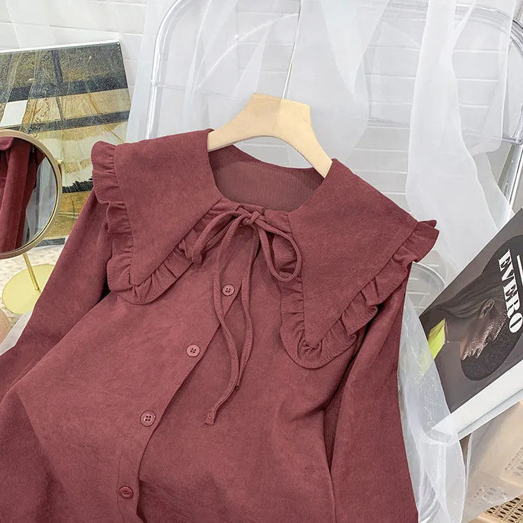 Ruffled doll collar corduroy long-sleeved shirt female autumn design sense niche French retro chic layered top