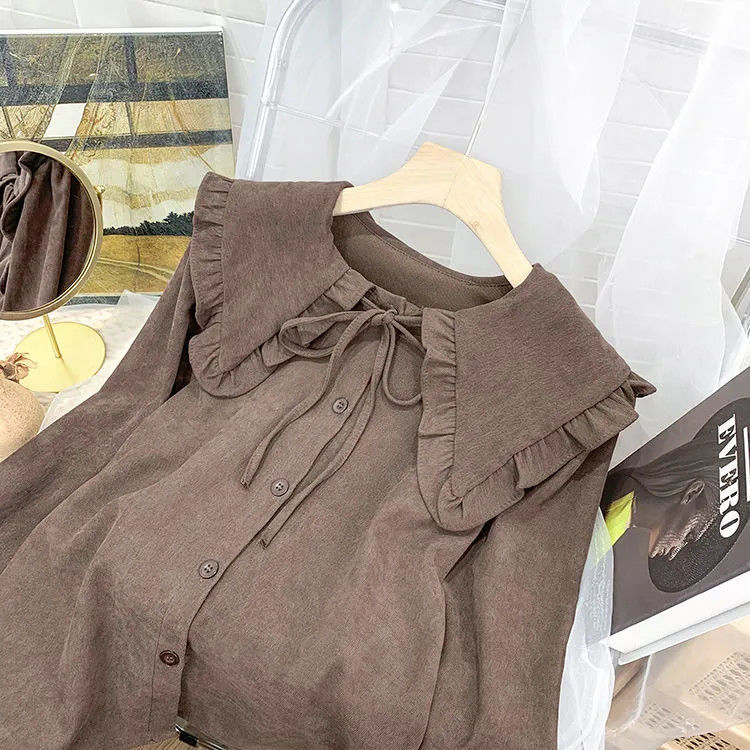 Ruffled doll collar corduroy long-sleeved shirt female autumn design sense niche French retro chic layered top