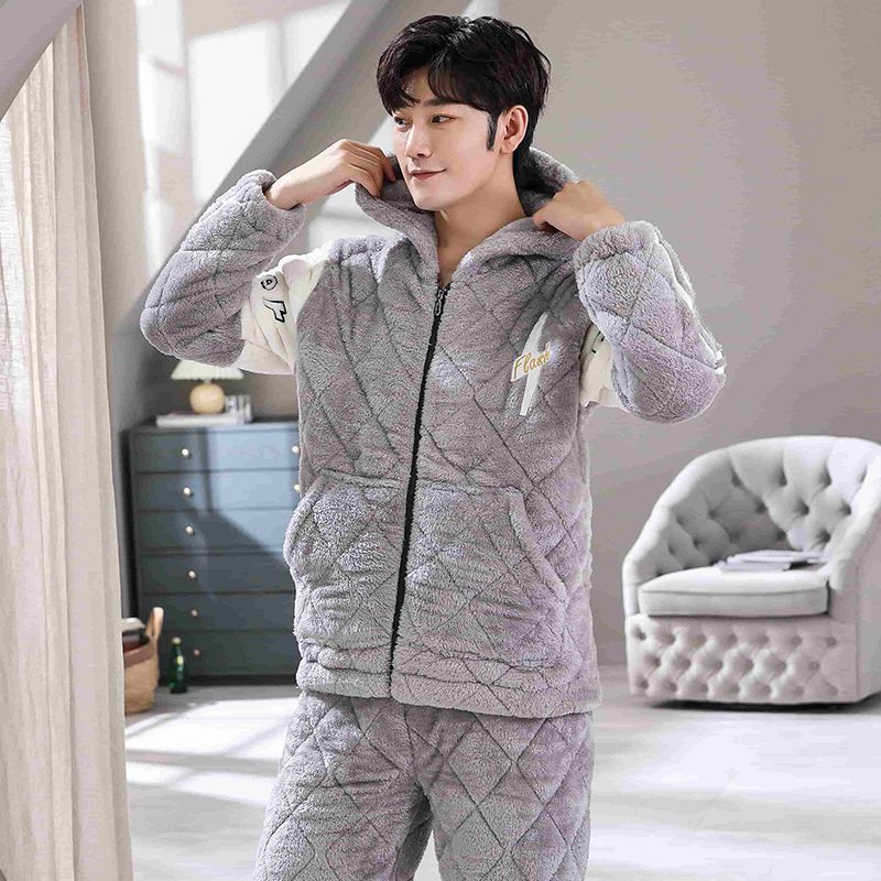 Men's pajamas winter coral fleece thickened plus velvet three-layer padded jacket autumn and winter warm winter home clothes super thick