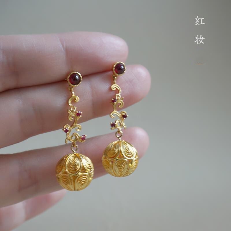 紅碧璽耳環純銀古法金黃金花絲紅寶石喜慶本命年耳飾招財保平安