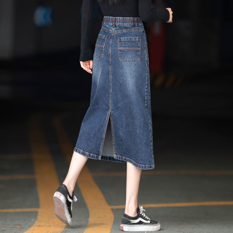 牛仔裙高腰开叉半身裙女春秋遮胯裙子显瘦a字包臀裙中长款一步裙