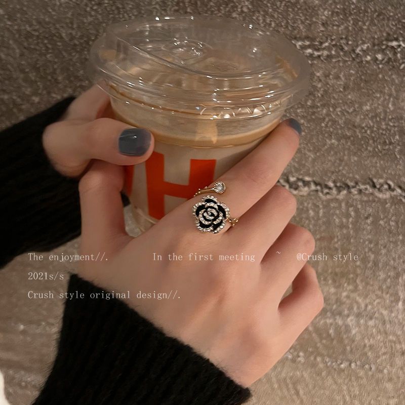輕奢鋯石山茶花開口戒指女時尚個性高級食指戒氣質網紅設計感指環