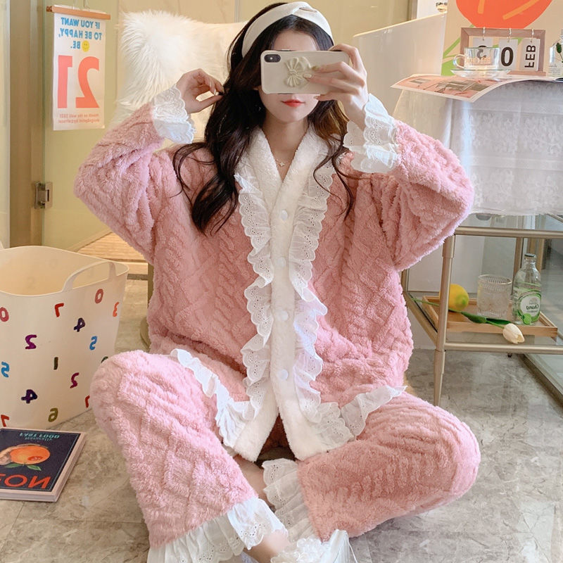 Fat MM2-300 catties plus fat and thick loose lace pajamas flannel new cute princess wind home clothes winter