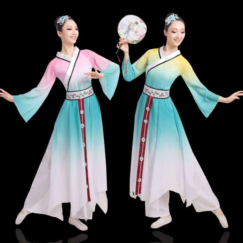 古典演出服女飘逸扇子伞舞表演服民族汉服中国风舞蹈秧歌服成人