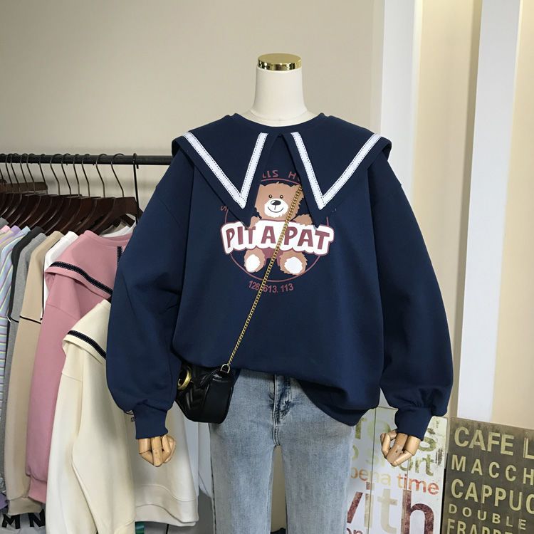 Ins super fire navy collar thin sweater women's 2022 new design sense niche loose cartoon printing top tide