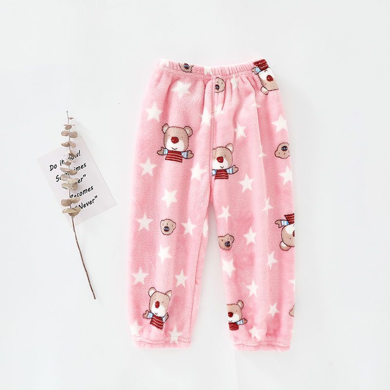 Autumn and winter children's coral fleece warm pants thickened plus velvet warm pajamas boys and girls bottoming feet home pants cotton pants
