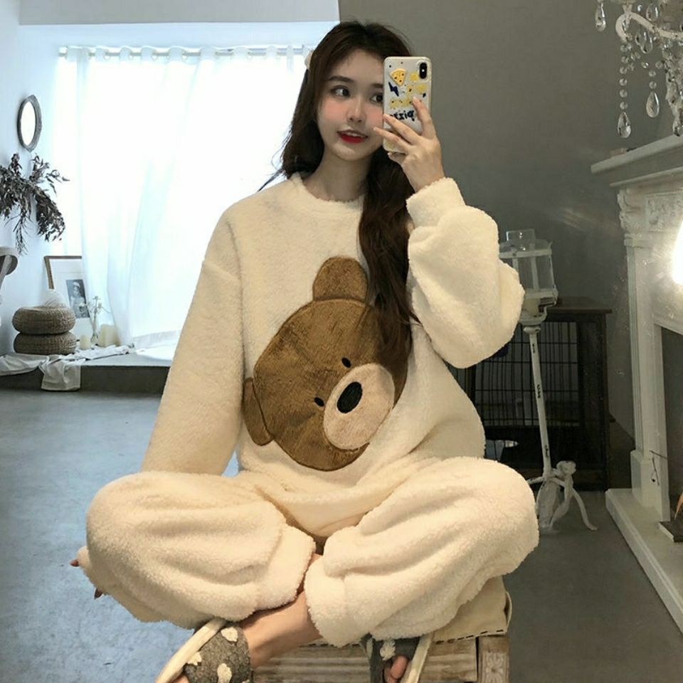 Super large size 2-300 catties pajamas women's winter thickened plus velvet suit coral fleece ins bear wear cute home clothes