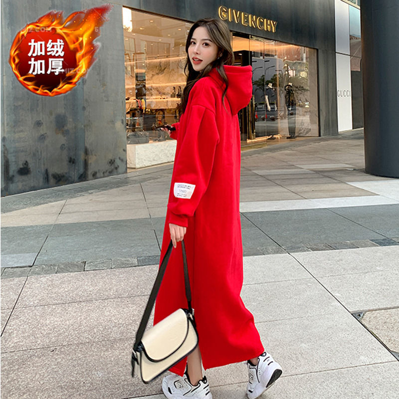 Fat MM extra large size 300 catties plus velvet super long skirt autumn and winter loose thin thickened warm over-the-knee pregnant woman dress
