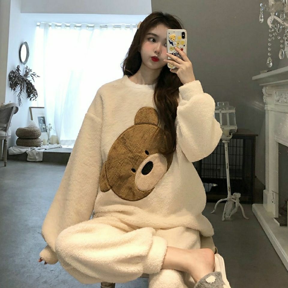 Super large size 2-300 catties pajamas women's winter thickened plus velvet suit coral fleece ins bear wear cute home clothes