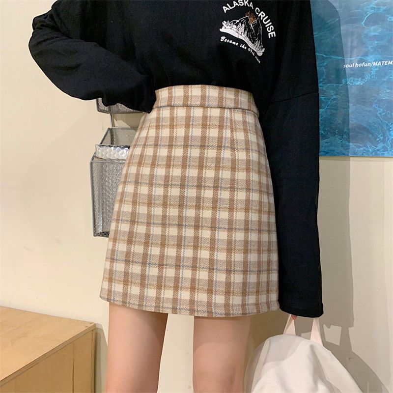 格子短裙女2021冬季韓版寬鬆顯瘦高腰半身裙短款A字裙裙子ins秋冬