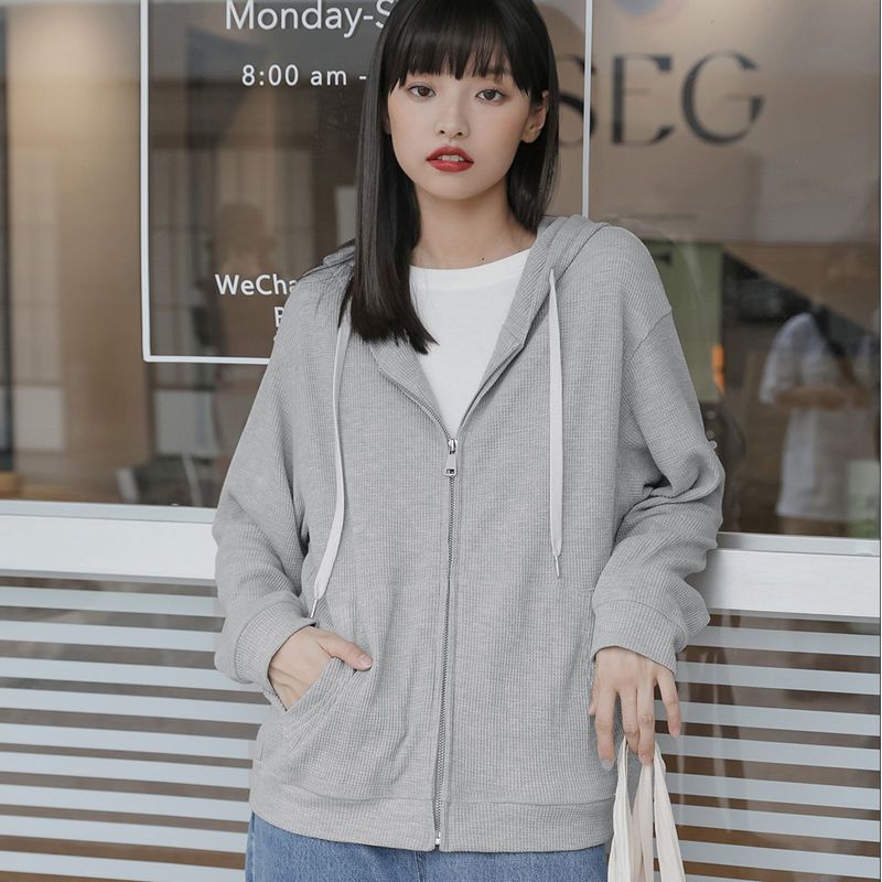 Waffle sweater female students  autumn and winter new thin section long-sleeved hooded jacket design sense niche top women