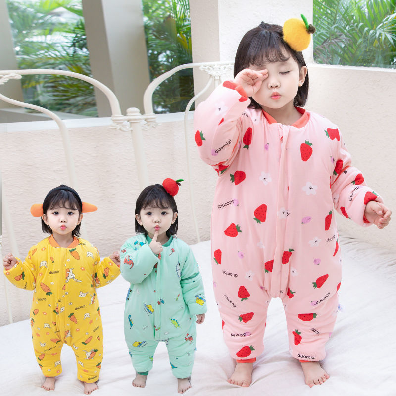 Baby sleeping bag autumn and winter plus cotton thickened children's split legs anti-kick quilt 2345-year-old baby winter thickened one-piece pajamas