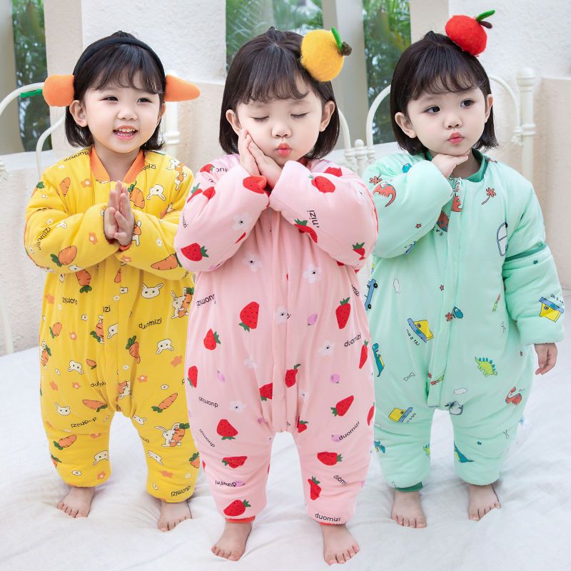Baby sleeping bag autumn and winter plus cotton thickened children's split legs anti-kick quilt 2345-year-old baby winter thickened one-piece pajamas