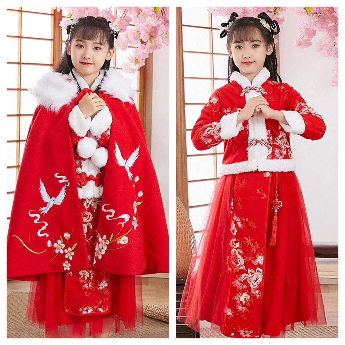 新品女童汉服拜年服斗篷刺绣连帽披风加绒加厚中国风唐装秋冬款