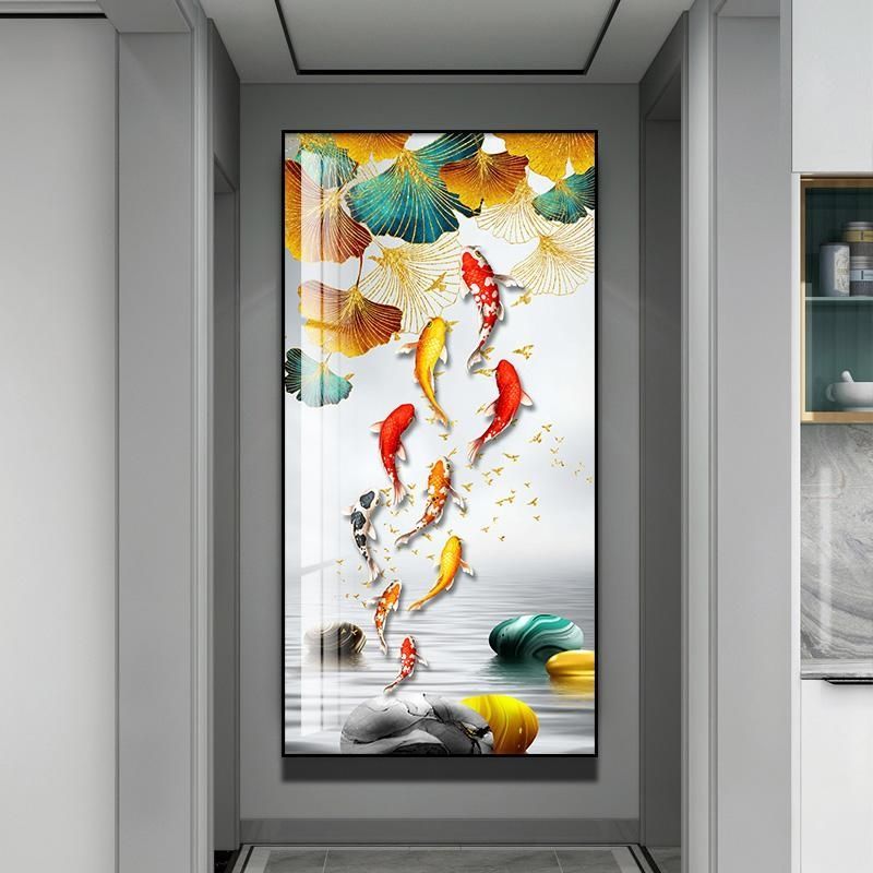 北欧玄关竖版玄幻装饰画入户走廊过道晶瓷画镶钻鹿石来运转九鱼图