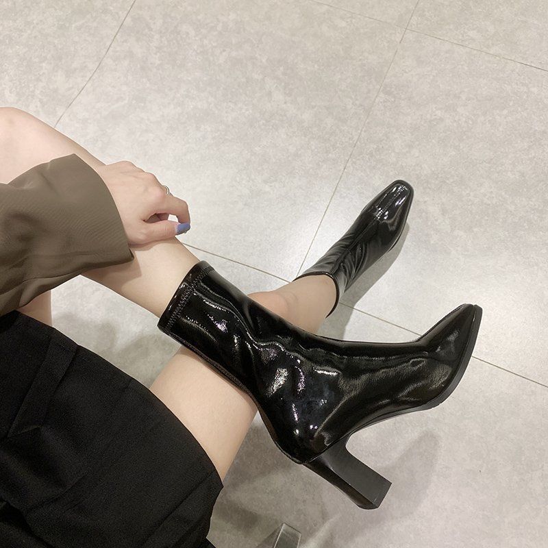 马丁靴女2022年新款时尚方头粗跟高跟中筒漆皮短靴时装靴瘦瘦靴子