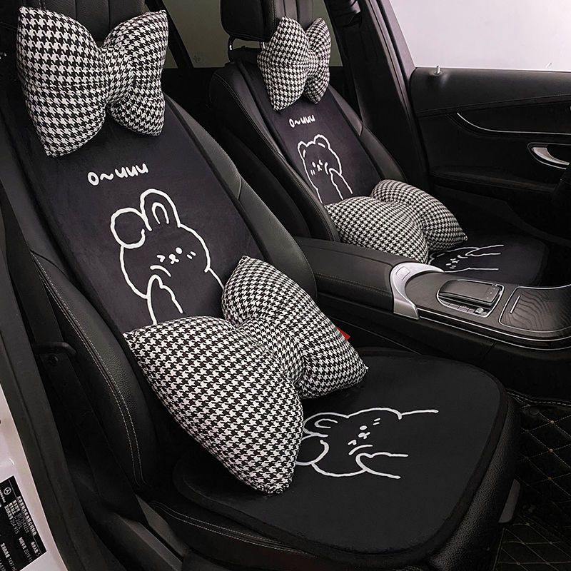 汽车毛绒坐垫冬季保暖创意卡通黑色熊兔前后排单片车内装饰通用款