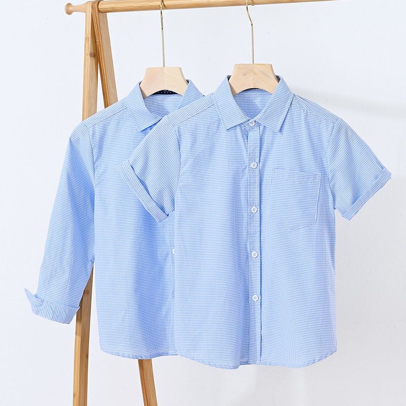 Children's clothing boys' short-sleeved houndstooth plaid shirt school uniform shirt British college girls' shirt in big boy blue