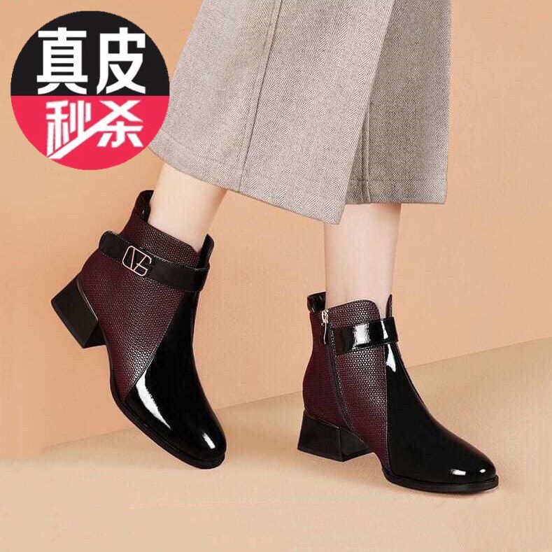 紅靖蝏真皮马丁靴2021新款百搭方跟短靴女圆头大码冬季加绒皮靴女
