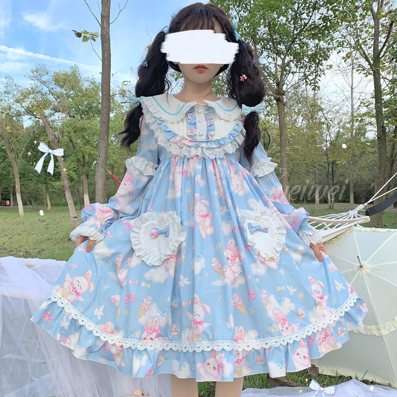 Korean mushroom cool {spot}~original design Lolita sweet soft cute rabbit dress cute OP long-sleeved dress summer