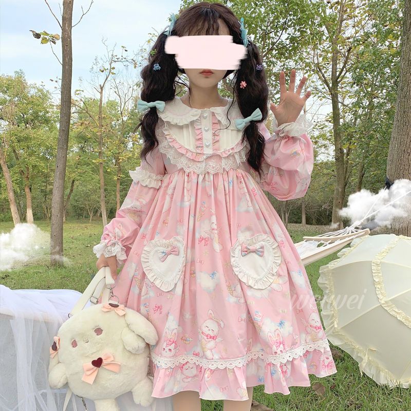 Korean mushroom cool {spot}~original design Lolita sweet soft cute rabbit dress cute OP long-sleeved dress summer