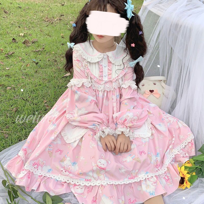 Korean mushroom cool {spot}~original design Lolita sweet soft cute rabbit dress cute OP long-sleeved dress summer