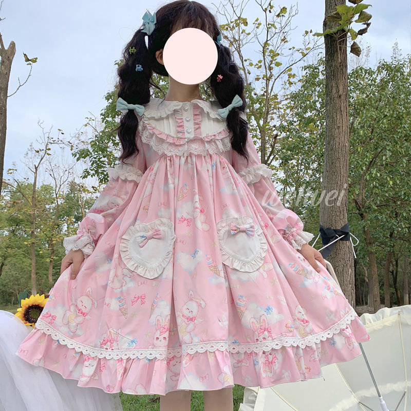 Korean mushroom cool {spot}~original design Lolita sweet soft cute rabbit dress cute OP long-sleeved dress summer