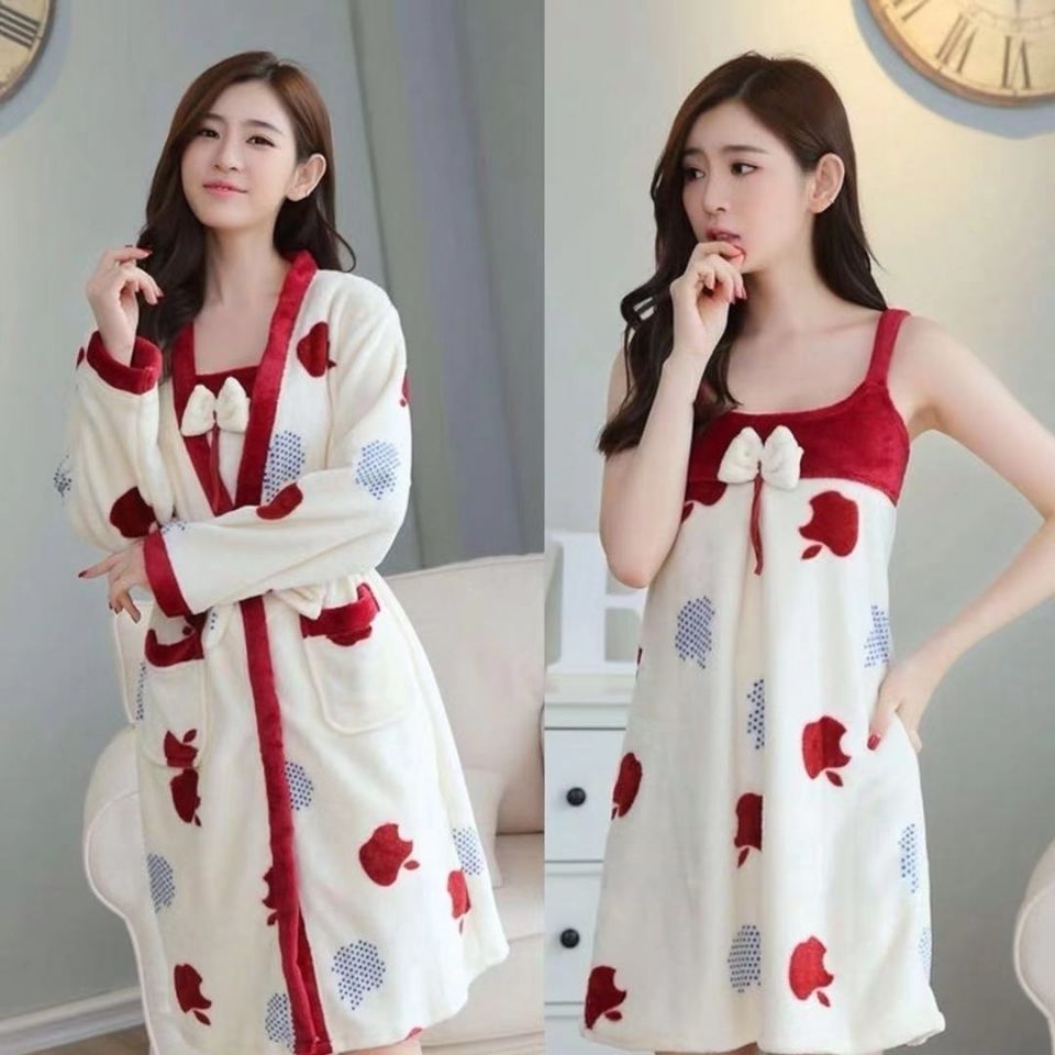 Pajamas women's winter flannel nightgown autumn and winter long-sleeved thickened coral fleece pajamas bathrobe mid-length nightdress two-piece set