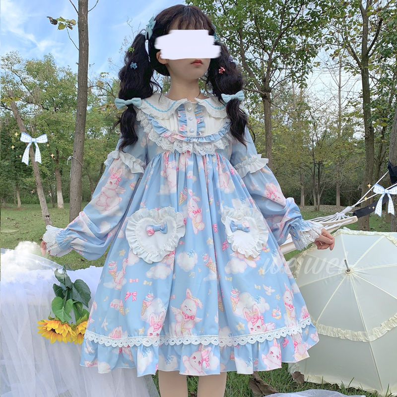 Korean mushroom cool {spot}~original design Lolita sweet soft cute rabbit dress cute OP long-sleeved dress summer