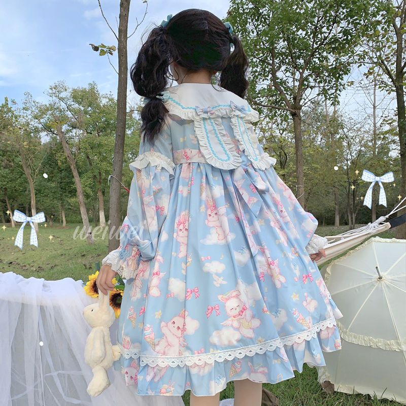 Korean mushroom cool {spot}~original design Lolita sweet soft cute rabbit dress cute OP long-sleeved dress summer