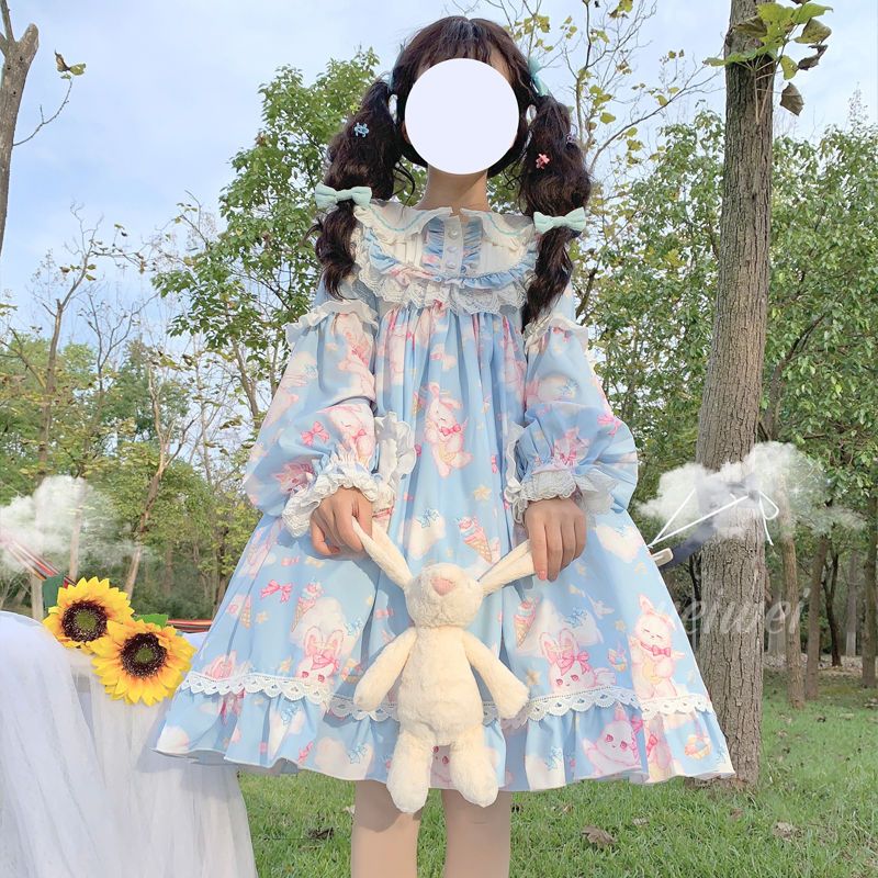 Korean mushroom cool {spot}~original design Lolita sweet soft cute rabbit dress cute OP long-sleeved dress summer