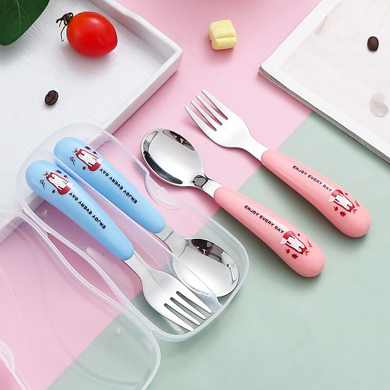 304 stainless steel children's spoon and fork set toy cute children's tableware baby eating complementary food training portable set