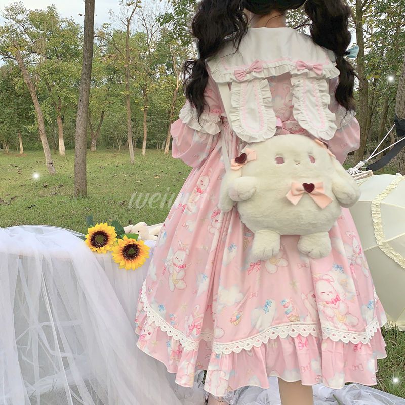 Korean mushroom cool {spot}~original design Lolita sweet soft cute rabbit dress cute OP long-sleeved dress summer