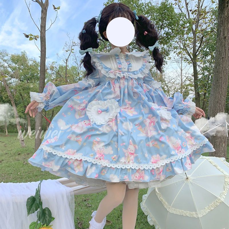 Korean mushroom cool {spot}~original design Lolita sweet soft cute rabbit dress cute OP long-sleeved dress summer