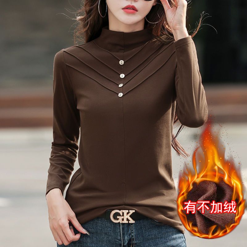 Half-high collar plus velvet bottoming shirt women's autumn and winter new long-sleeved t-shirt versatile fashion foreign style small shirt mid-collar t-shirt top
