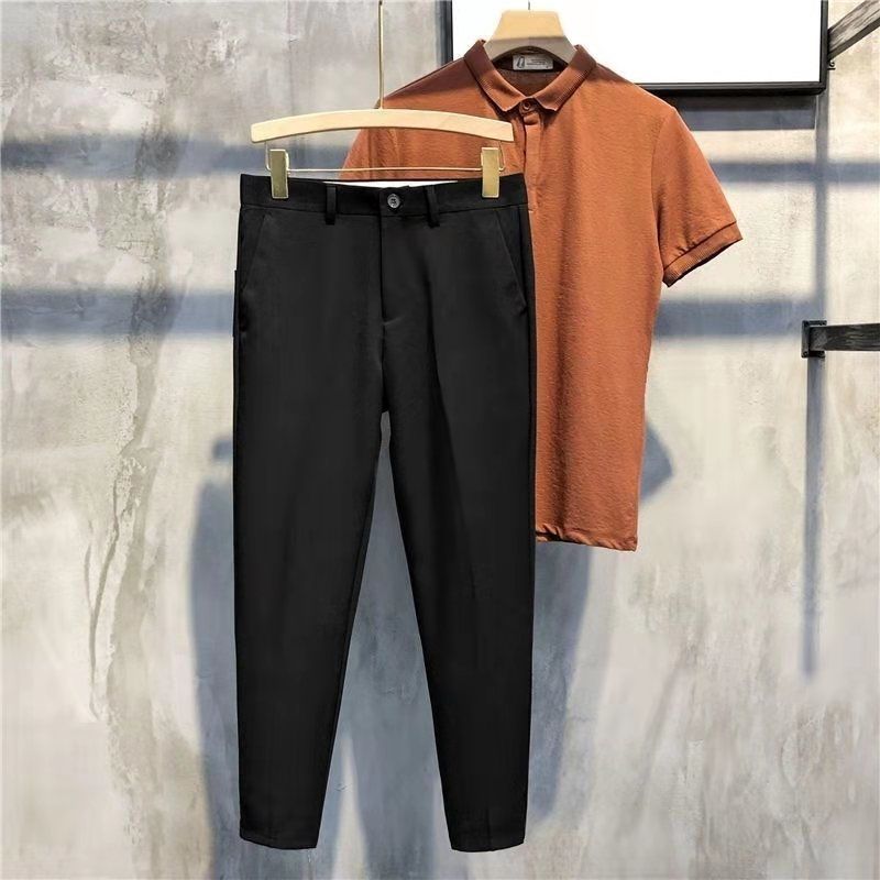 Summer new small trousers men's solid color elastic waist loose trendy straight casual nine-point trousers men's trousers
