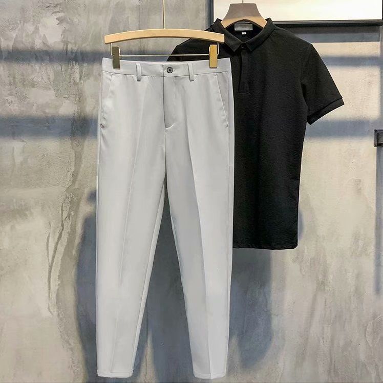 Summer new small trousers men's solid color elastic waist loose trendy straight casual nine-point trousers men's trousers