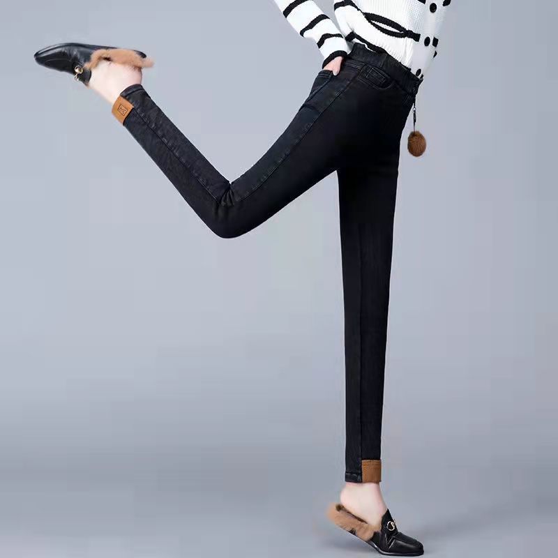 [80-200 catties] high waist plus velvet thick elastic jeans women's new style slim feet pencil pants trousers trendy