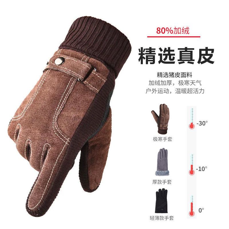 Genuine leather gloves men's winter riding cold-proof warm thickened plus velvet touch screen riding electric car motorcycle cotton gloves