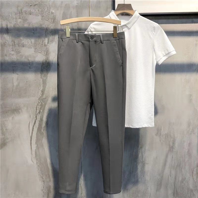 Summer new small trousers men's solid color elastic waist loose trendy straight casual nine-point trousers men's trousers